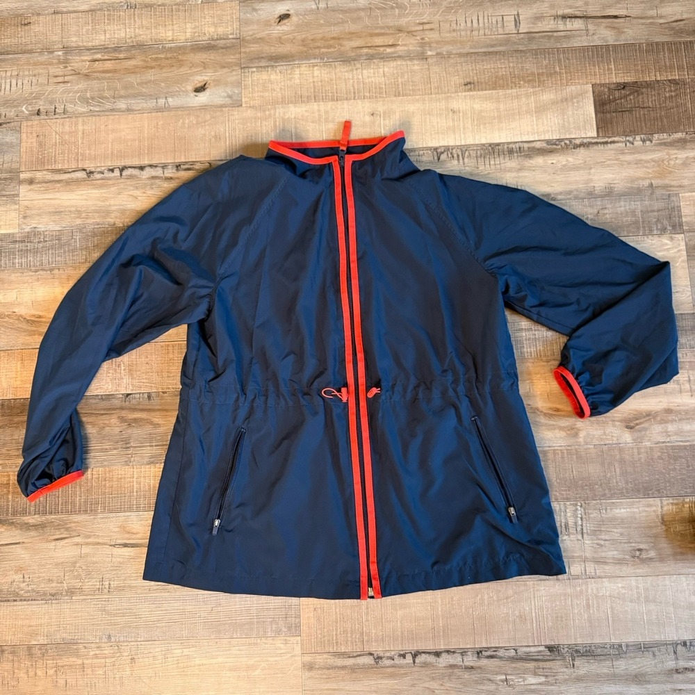 J. Jill Fit Windbreaker Jacket Navy Red Trim Full Zip S cinch waist spring light